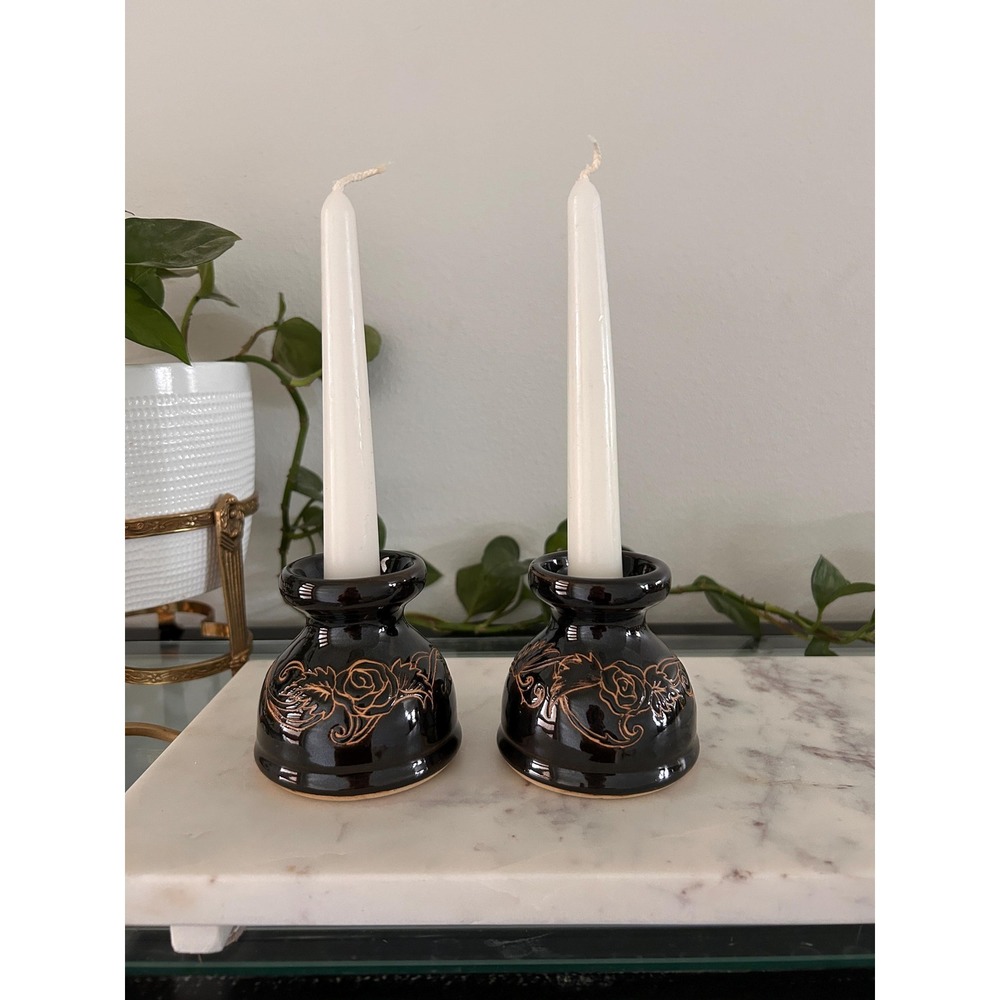 Pair of Etched Ceramic Oil Lamps, Candlesticks,‎ or Bud Vases
